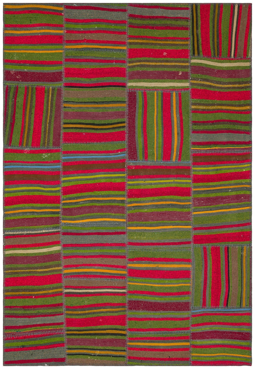 Teselya Green Striped Wool Handmade Area Rug 5'3" x 7'7"