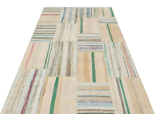 Teselya Beige Striped Wool Handmade Area Rug 4'8" x 7'5"
