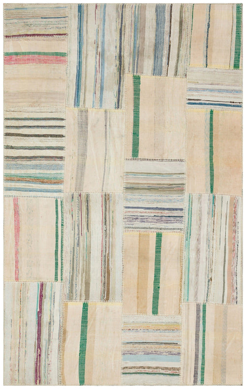 Teselya Beige Striped Wool Handmade Area Rug 4'8" x 7'5"