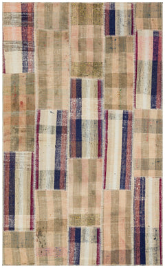 Teselya Beige Striped Wool Handmade Area Rug 4'6" x 7'5"