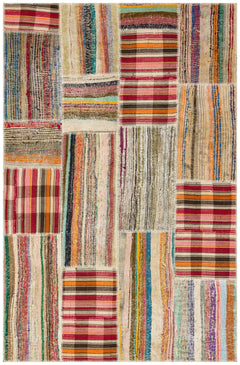 Teselya Beige Striped Wool Handmade Area Rug 4'11" x 7'7"