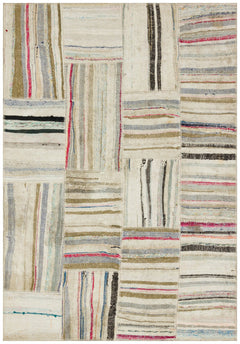 Teselya Beige Striped Wool Handmade Area Rug 4'11" x 7'1"