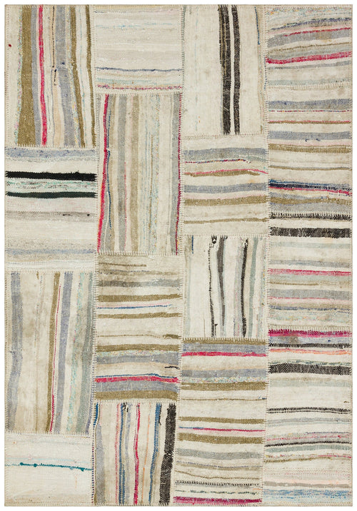 Teselya Beige Striped Wool Handmade Area Rug 4'11" x 7'1"