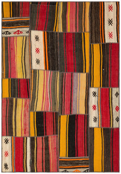 Teselya Red Striped Wool Handmade Area Rug 5'2" x 7'6"