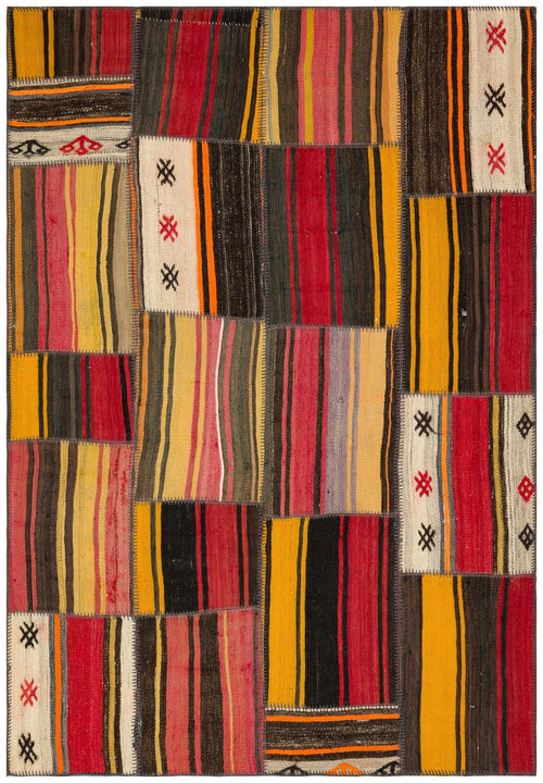 Teselya Red Striped Wool Handmade Area Rug 5'2" x 7'6"