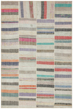 Teselya Beige Striped Wool Handmade Area Rug 4'11" x 7'5"