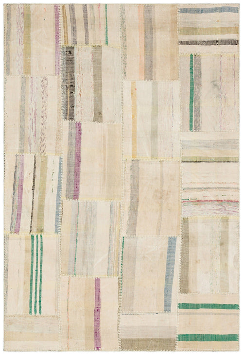 Teselya Beige Striped Wool Handmade Area Rug 4'11" x 7'1"