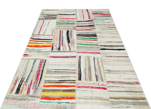 Teselya Beige Striped Wool Handmade Area Rug 5'0" x 7'8"