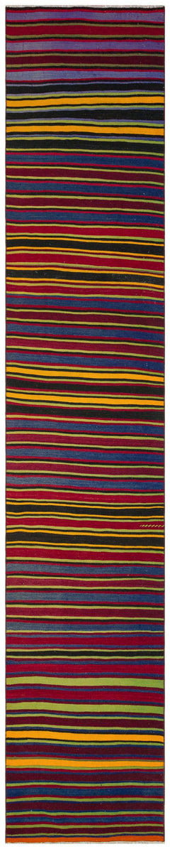Girit Burgundy Striped Wool Handmade Area Rug 2'9" x 13'6"