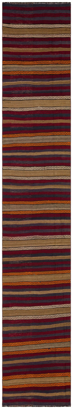Girit Brown Striped Wool Handmade Area Rug 2'9" x 15'6"