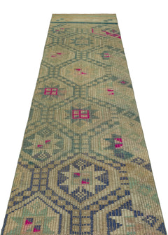 Girit Green Geometric Wool Handmade Area Rug 2'9" x 10'3"