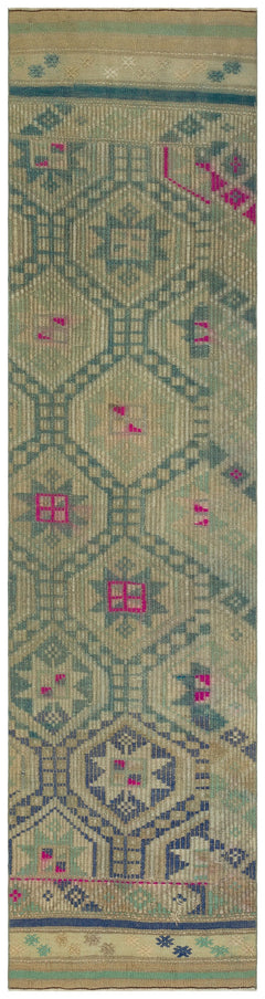 Girit Green Geometric Wool Handmade Area Rug 2'9" x 10'3"