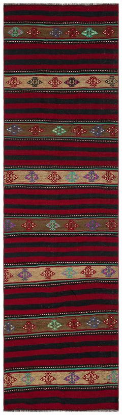 Girit Red Striped Wool Handmade Area Rug 2'11" x 10'2"