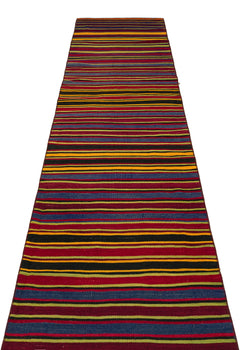 Girit Burgundy Striped Wool Handmade Area Rug 2'9" x 13'2"
