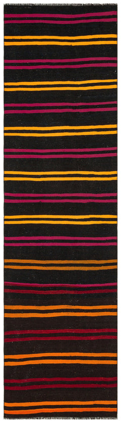 Girit Black Striped Wool Handmade Area Rug 2'8" x 9'10"