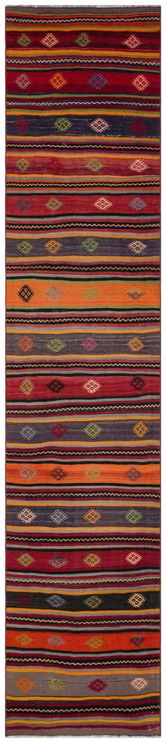 Girit Red Striped Wool Handmade Area Rug 2'8" x 11'10"