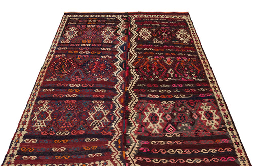 Girit Burgundy Geometric Wool Handmade Area Rug 5'2" x 6'6"