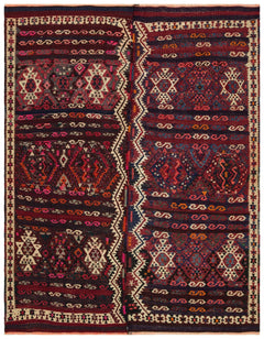 Girit Burgundy Geometric Wool Handmade Area Rug 5'2" x 6'6"