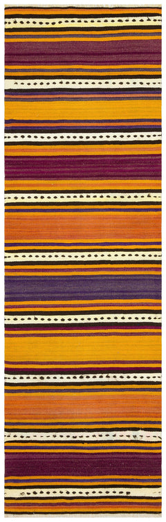 Girit Yellow Striped Wool Handmade Area Rug 3'0" x 9'7"