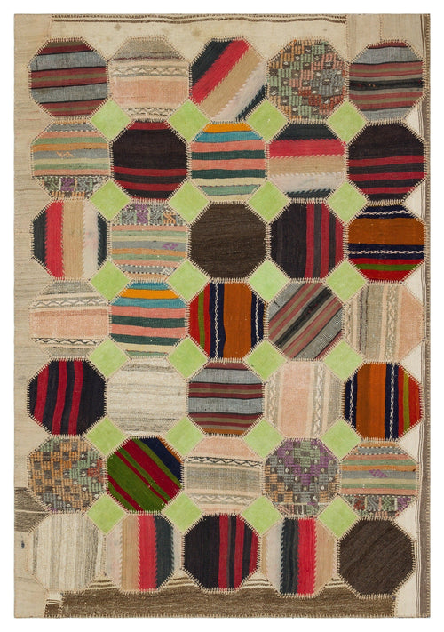 Iskece 36506 Beige Patchwork Wool Handmade Area Rug 5'3" x 7'7"
