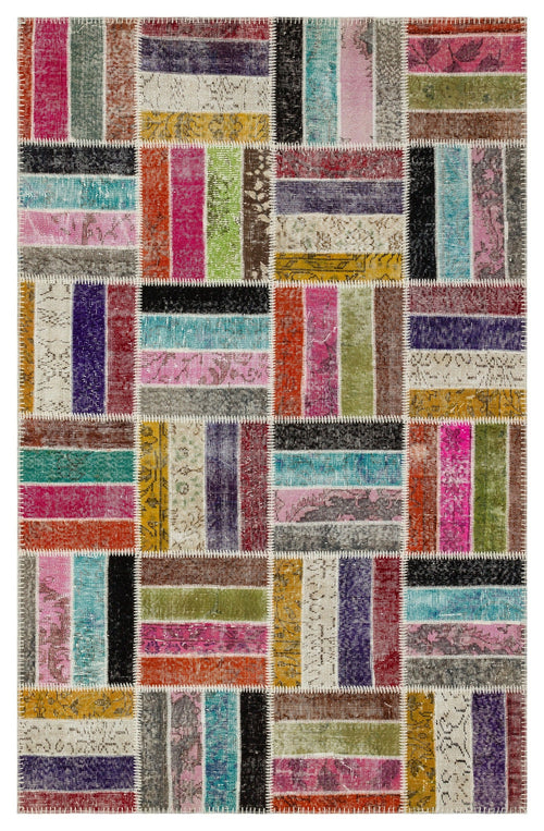 Iskece 36507 Beige Patchwork Wool Handmade Area Rug 5'3" x 8'0"