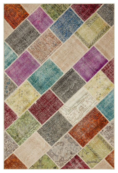 Iskece 36916 Beige Patchwork Wool Handmade Area Rug 5'0" x 7'5"