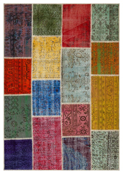 Iskece 36917 Beige Patchwork Wool Handmade Area Rug 5'3" x 7'7"