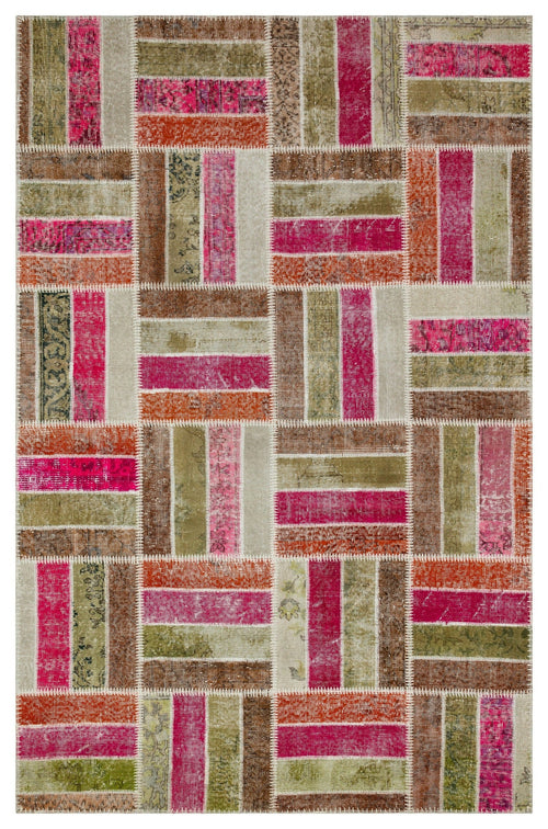 Iskece Beige Patchwork Wool Handmade Area Rug 5'3" x 8'2"