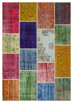 Iskece Beige Patchwork Wool Handmade Area Rug 5'3" x 7'5"