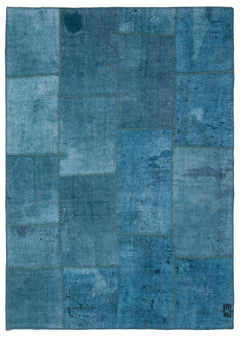 Teselya Blue Patchwork Wool Handmade Area Rug 5'2" x 7'3"