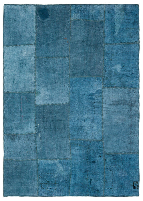 Teselya Blue Patchwork Wool Handmade Area Rug 5'2" x 7'3"