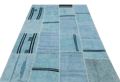 Teselya Blue Patchwork Wool Handmade Area Rug 5'2" x 7'6"