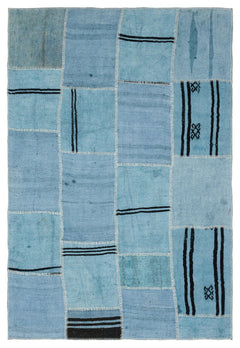 Teselya Blue Patchwork Wool Handmade Area Rug 5'2" x 7'6"