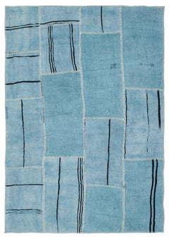 Teselya Blue Patchwork Wool Handmade Area Rug 4'11" x 7'1"