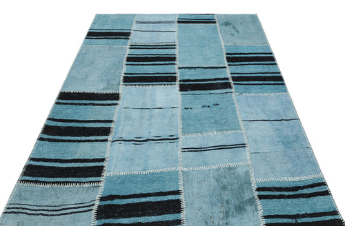 Teselya Blue Patchwork Wool Handmade Area Rug 5'3" x 7'1"