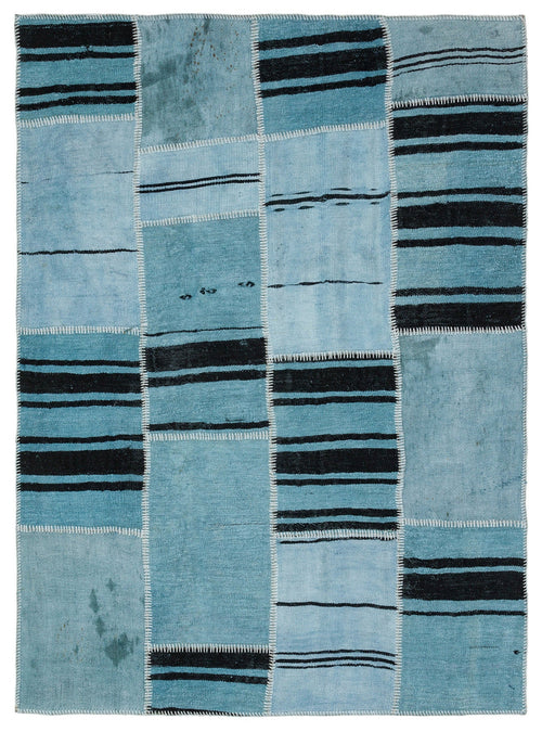 Teselya Blue Patchwork Wool Handmade Area Rug 5'3" x 7'1"