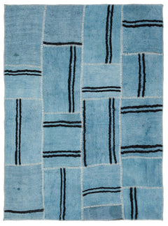 Teselya Turquoise Patchwork Wool Handmade Area Rug 5'3" x 7'1"