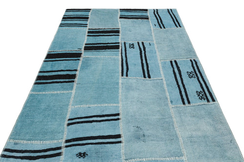 Teselya Blue Patchwork Wool Handmade Area Rug 5'3" x 7'5"