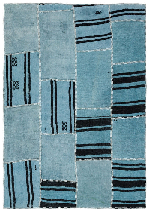 Teselya Blue Patchwork Wool Handmade Area Rug 5'3" x 7'5"