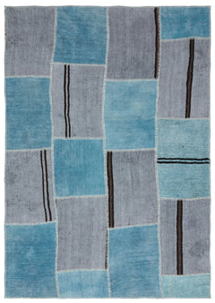 Teselya 36956 Blue Patchwork Wool Handmade Area Rug 5'2" x 7'4"