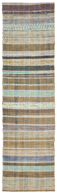 Girit Beige Striped Wool Handmade Area Rug 3'4" x 11'9"