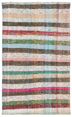 Girit Beige Striped Wool Handmade Area Rug 3'7" x 5'8"