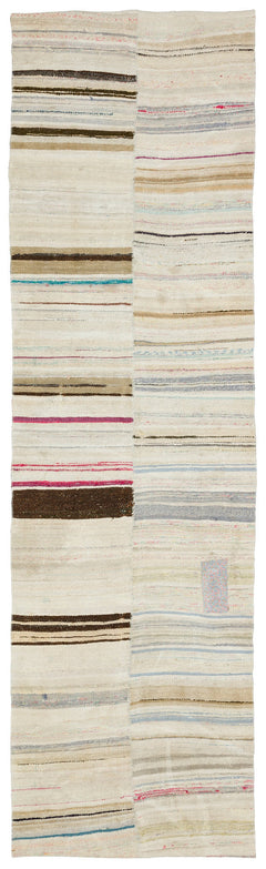 Girit Beige Striped Wool Handmade Area Rug 3'4" x 11'4"