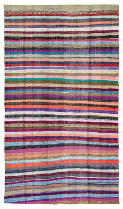 Girit Beige Striped Wool Handmade Area Rug 5'5" x 9'6"