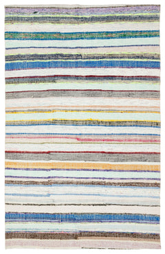 Girit Beige Striped Wool Handmade Area Rug 6'5" x 10'1"