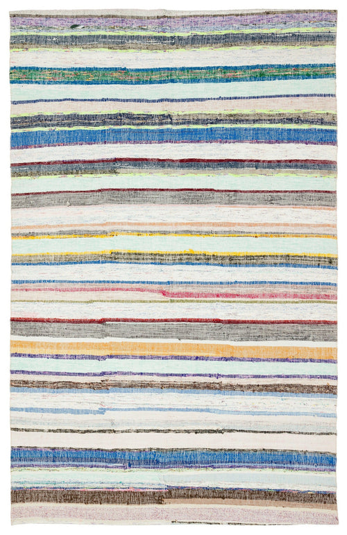 Girit Beige Striped Wool Handmade Area Rug 6'5" x 10'1"