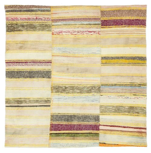 Girit Yellow Striped Wool Handmade Area Rug 5'6" x 5'6"