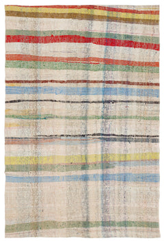 Girit Beige Striped Wool Handmade Area Rug 4'11" x 7'6"
