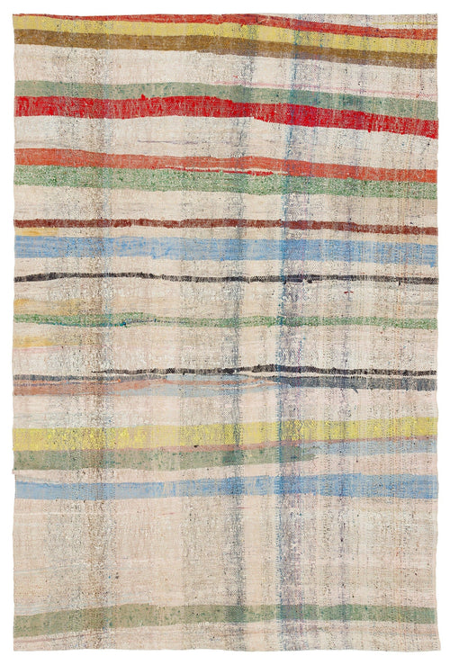 Girit Beige Striped Wool Handmade Area Rug 4'11" x 7'6"