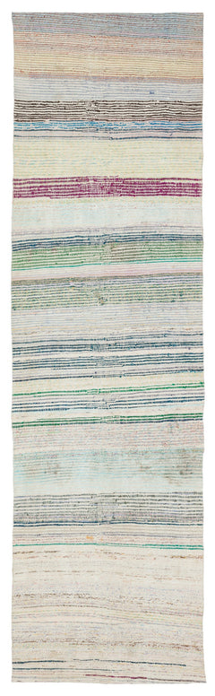 Girit Beige Striped Wool Handmade Area Rug 3'2" x 11'0"